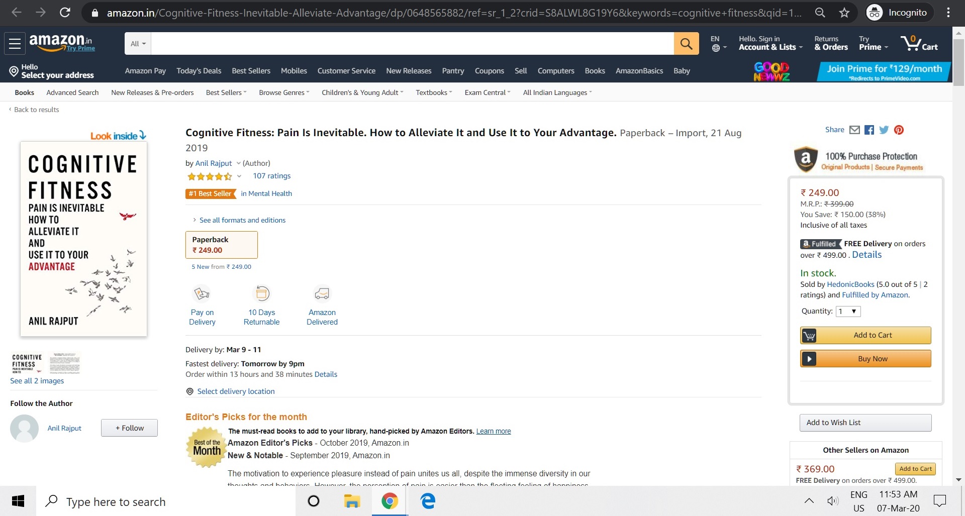 The book's Amazon.in listing showing the number one bestseller badge in Mental Health and the Editor's Picks section