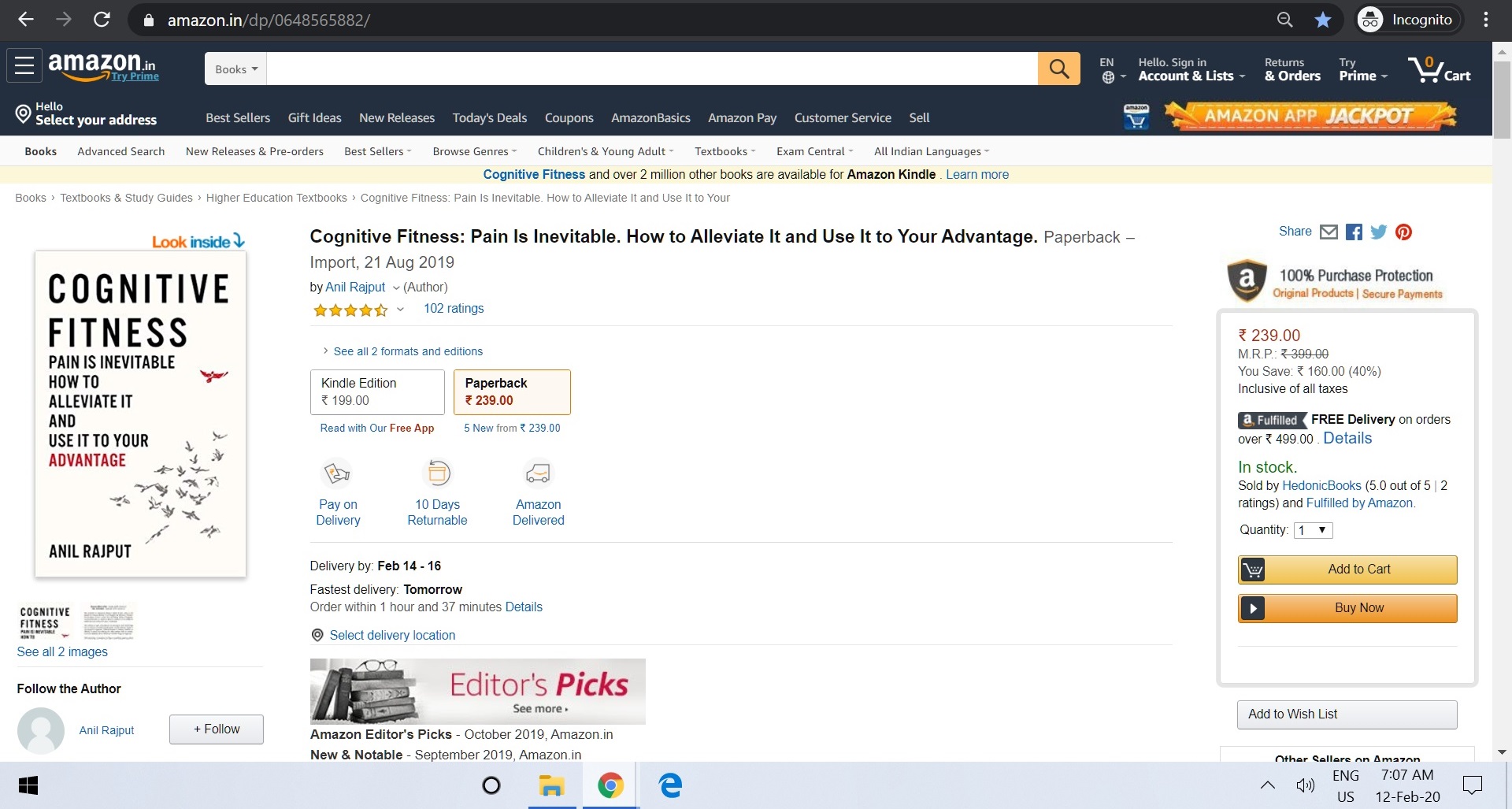 The book's Amazon.in listing with the Editor's Picks banner, captured in February 2020