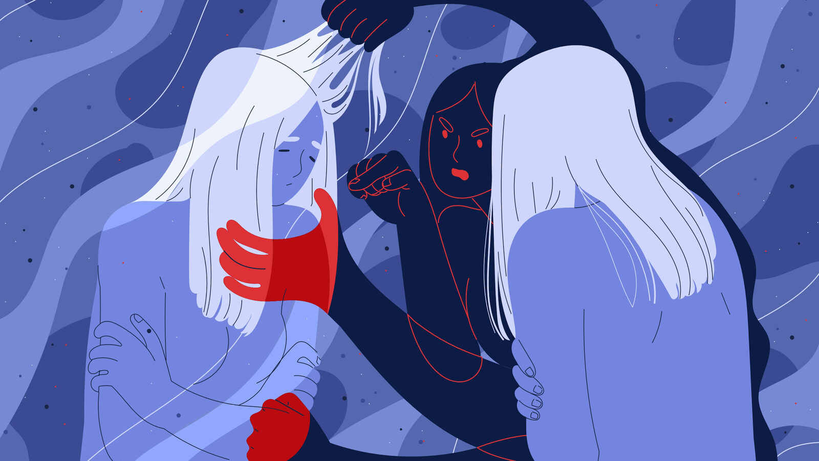 An illustration of a dark figure pulling at two pale, withdrawn people