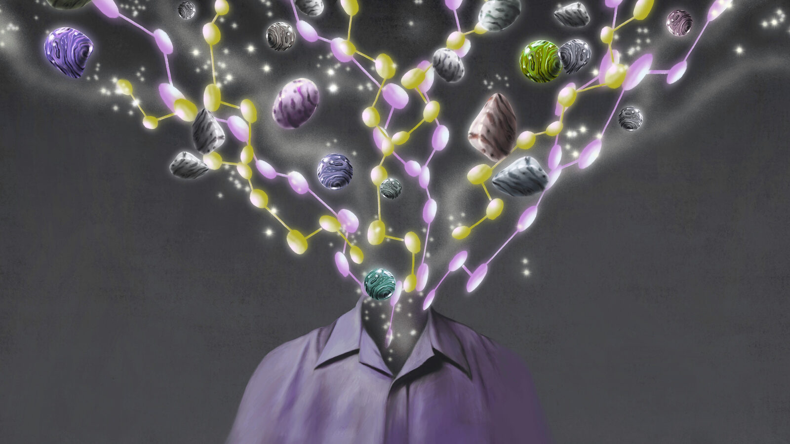A figure whose head dissolves into glowing chains of molecules and floating stones