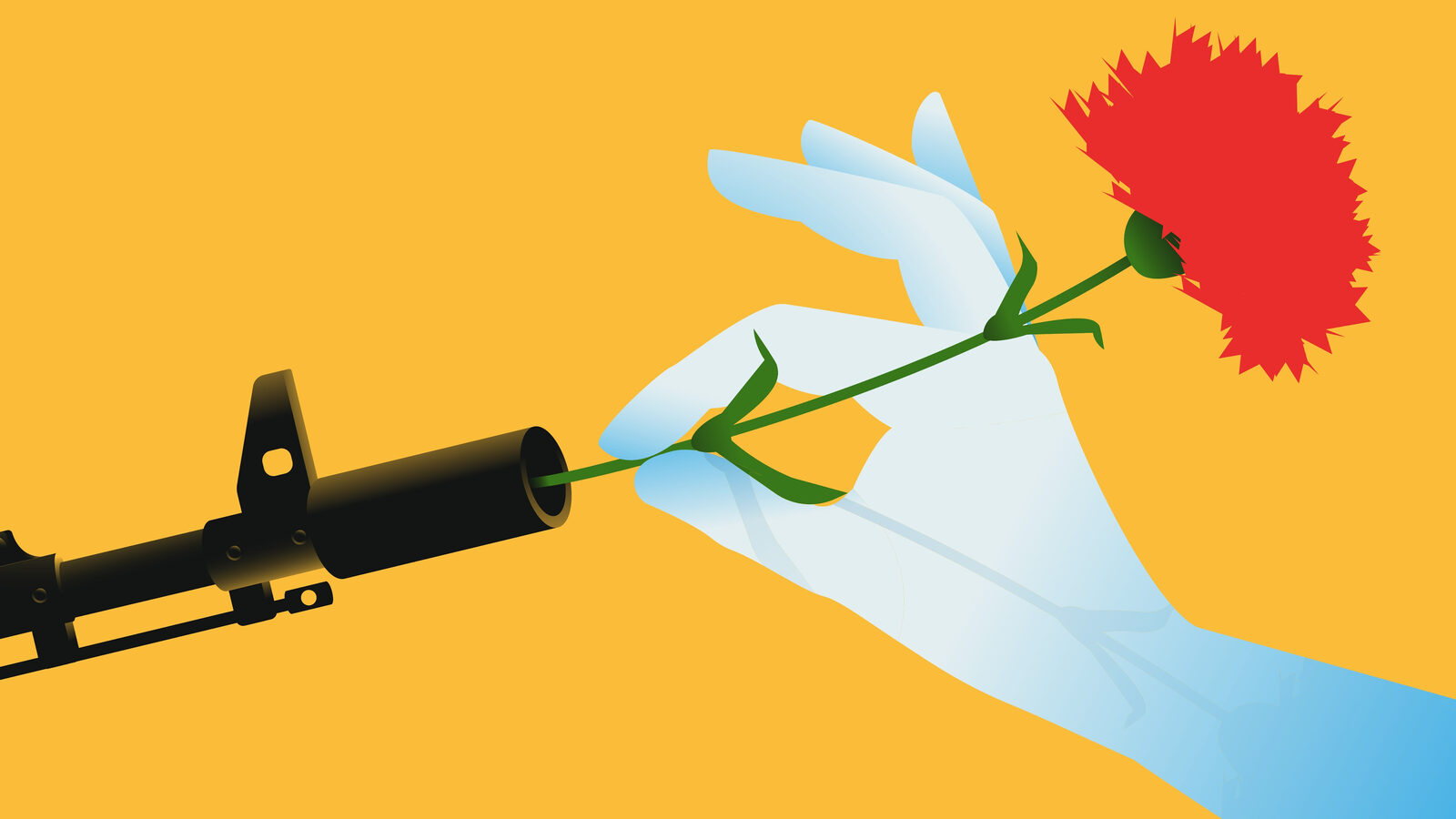 A hand placing a red carnation into the barrel of a rifle